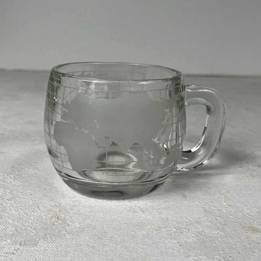 Nestle Nescafe World GLOBE Etched Clear Glass Coffee Mug Cup Advertising Tea Cup